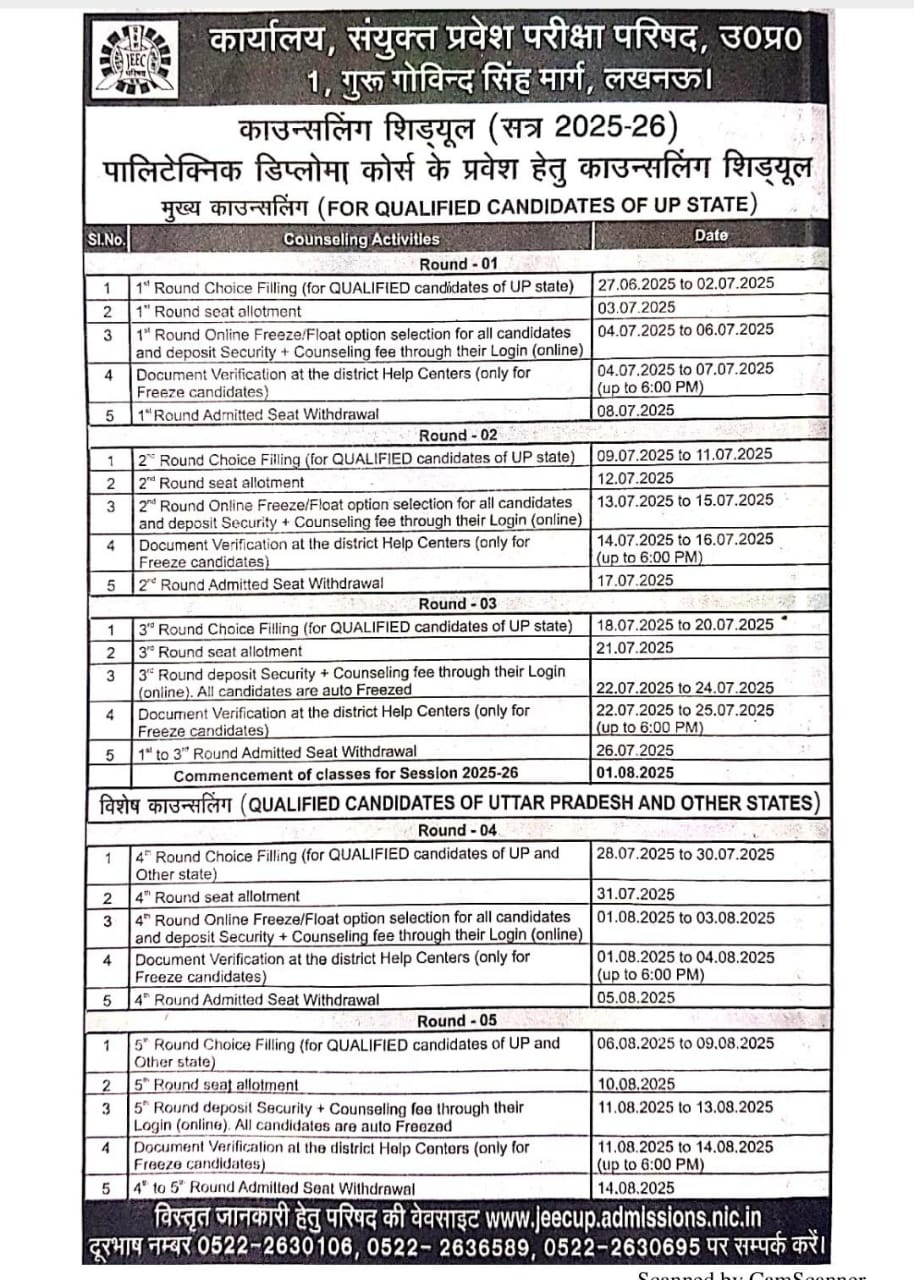 JEECUP Counselling Schedule